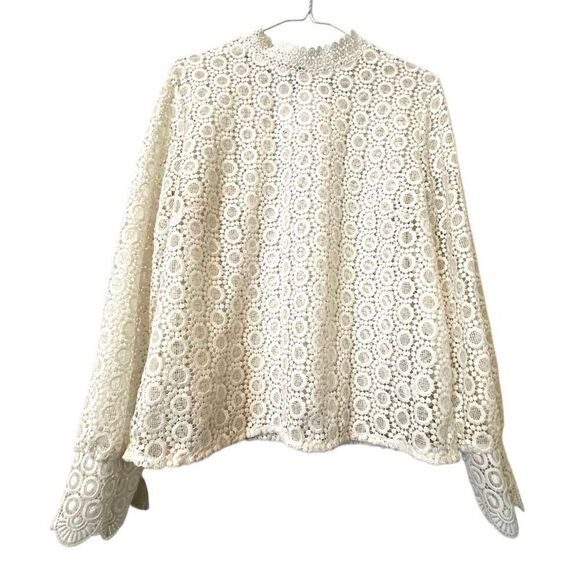 H&M Crochet Guipure Lace High Neck Keyhole Back Long Sleeve Blouse White Size 12 - Picture 1 of 5